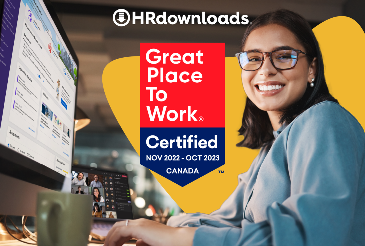 Great Place to Work Certified November 2022 - October 2023 logo, Citation Canada, formerly HRdownloads, logo, person at a desk with computer and images of Citation Canada, formerly HRdownloads, software on the screen