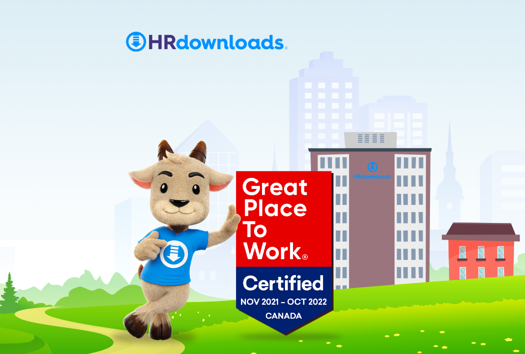 Great Place to Work Certified November 2021 - October 2022, Canada, Header with HRdownloads logo, Koza and HRdownloads animated building in the background