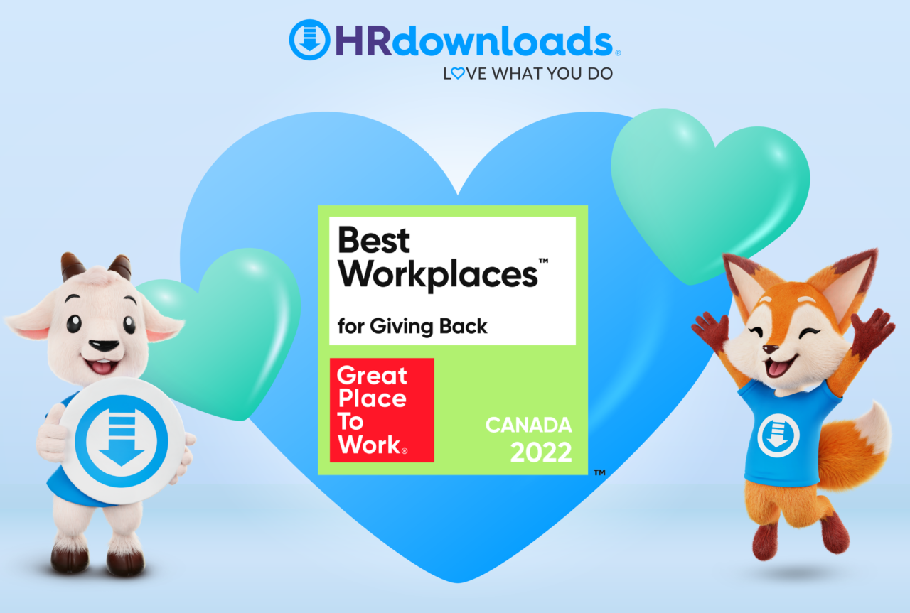 Best Workplaces for Giving Back, Great Place to Work, Canada 2022 Header, Citation Canada, formerly HRdownloads, Logo, two characters celebrating, hearts